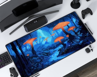 Glowing Mushroom Forest | Whimsical Mousepad | Mystical | Blue Fantasy Design | Wilds of Eldraine Inspired | Deskmat | Protective Playmat.