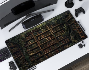 ダークアカデミア グリーナリー ブックシェルフ | ネイチャー デスクマット | マウスパッド | 保護プレイマット | 仕事 ゲーム オフィス ホーム | ステッチエッジ | 3 つのサイズオプション