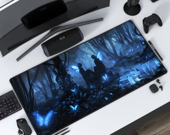 妖精たちの夜、光る蝶 | ダークブルー | エルドレインの荒野にインスパイアされた | デスクマット | マウスパッド | 保護プレイマット | ゲーム/オフィス