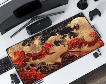sous-vêtement rouge et or Vague japonaise | Tapis de souris esthétique