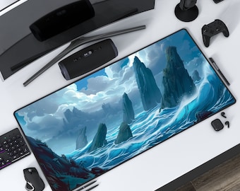 海の岩の柱 | 島のデスクマット | ファンタジーアート | 青いマウスパッド | 保護プレイマット | オフィスの装飾 | ゲームセットアップ | ステッチエッジ