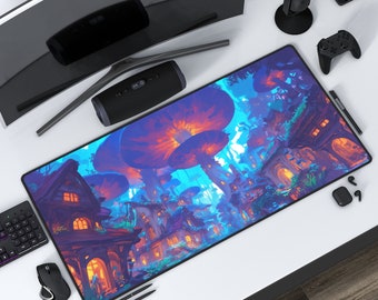 マッシュルームヴィラ | ブルームバロウにインスパイアされた | 明るいデスクマット | Lofi マウスパッド | 保護プレイマット | ホームオフィス ゲーミング | ステッチエッジ | 3 サイズ