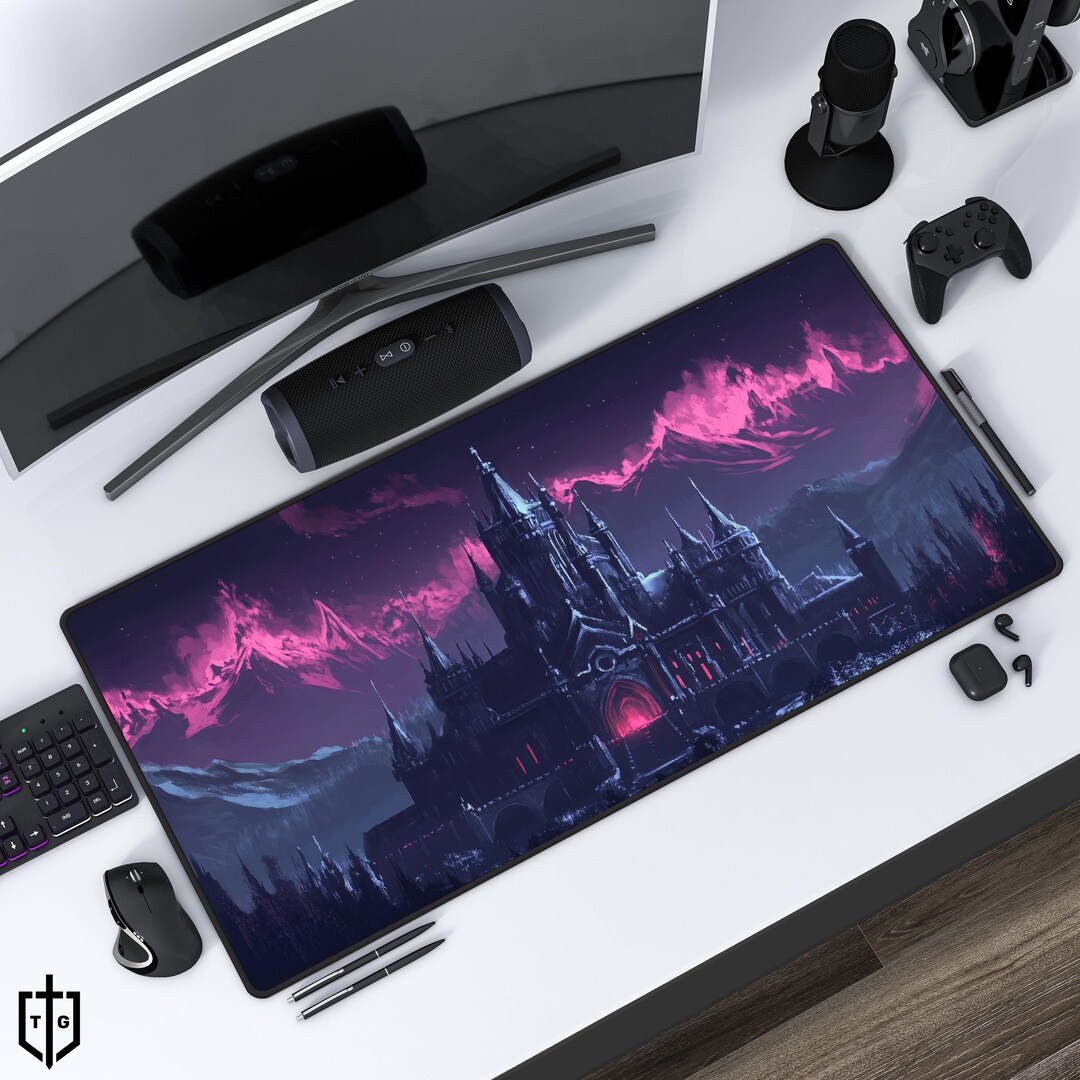 Neon Mountain Dark Castle Desk Mat, Gothic Fantasy Mouse Pad - Etsy