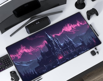 ダークキャッスルネオンマウンテン背景デスクマット、ゴシックマウスパッド、ファンタジーコンピュータアクセサリー、クールなオフィス装飾、ユニークなワークデスクギフト