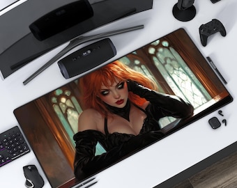 May include: A red-haired woman in a black dress with a low neckline poses in a dark, gothic setting. The background features a large window with stained glass and a dark, shadowy atmosphere.