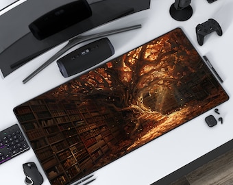 ダークアカデミア アンバー ブックツリー | 秋のデスクマット | 秋のマウスパッド | 保護プレイマット | 仕事用ゲーム オフィス 自宅 | ステッチエッジ | 3 つのサイズオプション
