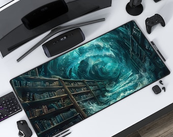Ancient Flooded Library | Fantasy Deskmat | Ocean Mousepad | Protective Playmat | Work Game Office Home | Stitched Edges | 3 Size Options