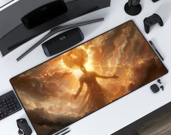 サンタイタン | 燃えるデスクマット | ホワイトマウスパッド | 保護プレイマット | 仕事、ゲーム、オフィス、自宅 | ステッチエッジ | 3 つのサイズオプション