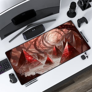 Może przedstawiać: Podkładka pod mysz do gier w kolorze czerwonym i czarnym z abstrakcyjnym, wirującym wzorem przedstawiającym czerwone piramidy na białym tle. Podkładka pod mysz znajduje się na białej powierzchni z innymi akcesoriami do gier.