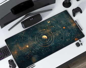 ダークアカデミア天文学マップ | ゴールドディテールデスクマット | マウスパッド | 保護プレイマット | 仕事、ゲーム、オフィス、自宅 | ステッチエッジ | 3 つのサイズオプション