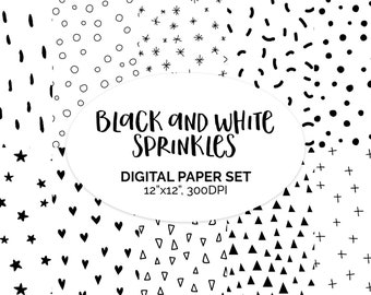 Digital Black and white Handdrawn sprinkles and small icons scrapbook paper, printable, scrapbook paper set, digital scrapbooking hand drawn