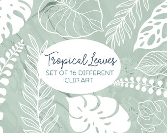 Digital stamp set tropical leaves, digital clip art set, hand drawn illustration, digital stamps, decorative stamps, printable, tropical art