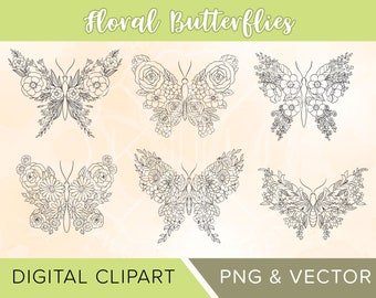 FLORAL BUTTERFLIES Digital clip art, png and vector, hand drawn art, butterfly clip art, digital clip art, clip art, handdrawn clipart