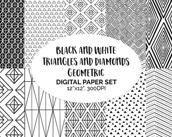 Digital black and white geometric tribal scrapbook paper, digital printable, geometric scrapbook printable, geometric scrapbook paper set