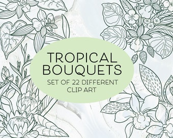 Digital stamp set tropical bouquets, digital clip art set, hand drawn illustration, digital stamps, decorative stamps, printable, tropical