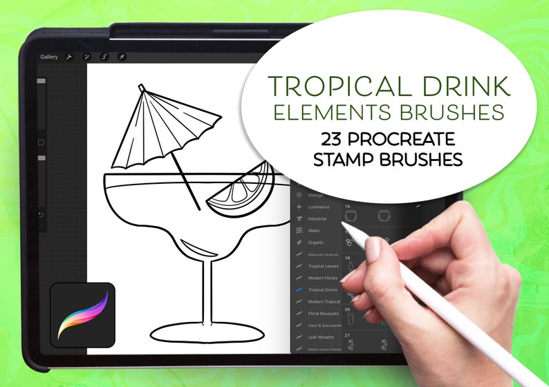 Procreate Digital stamp set tropical drink illustrations, hand drawn illustrations, digital stamps, decorative stamps, procreate, drinks image 1