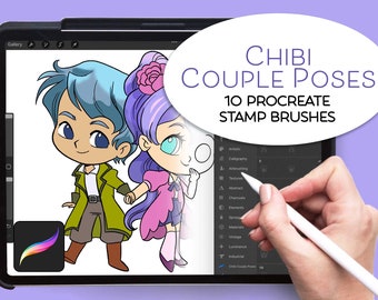 Procreate Digital stamp set CUTE Couple POSES,  kawaii Chibi, anime art, templates, procreate, fun stamps, digital art, drawing aid