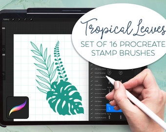Procreate Digital stamp set tropical leaves, digital clip art set, hand drawn illustration, digital stamp, decorative stamp, procreate brush