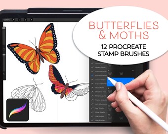 Procreate Digital stamp set BUTTERFLIES and MOTHS,  pretty hand drawn digital stamps, decorative stamps, procreate, fun stamps