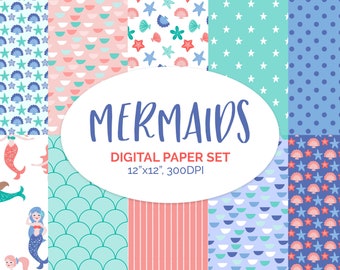 Digital mermaid scrapbook paper, digital printable, mermaid scrapbook printable, scrapbook paper set, digital scrapbooking paper, printable