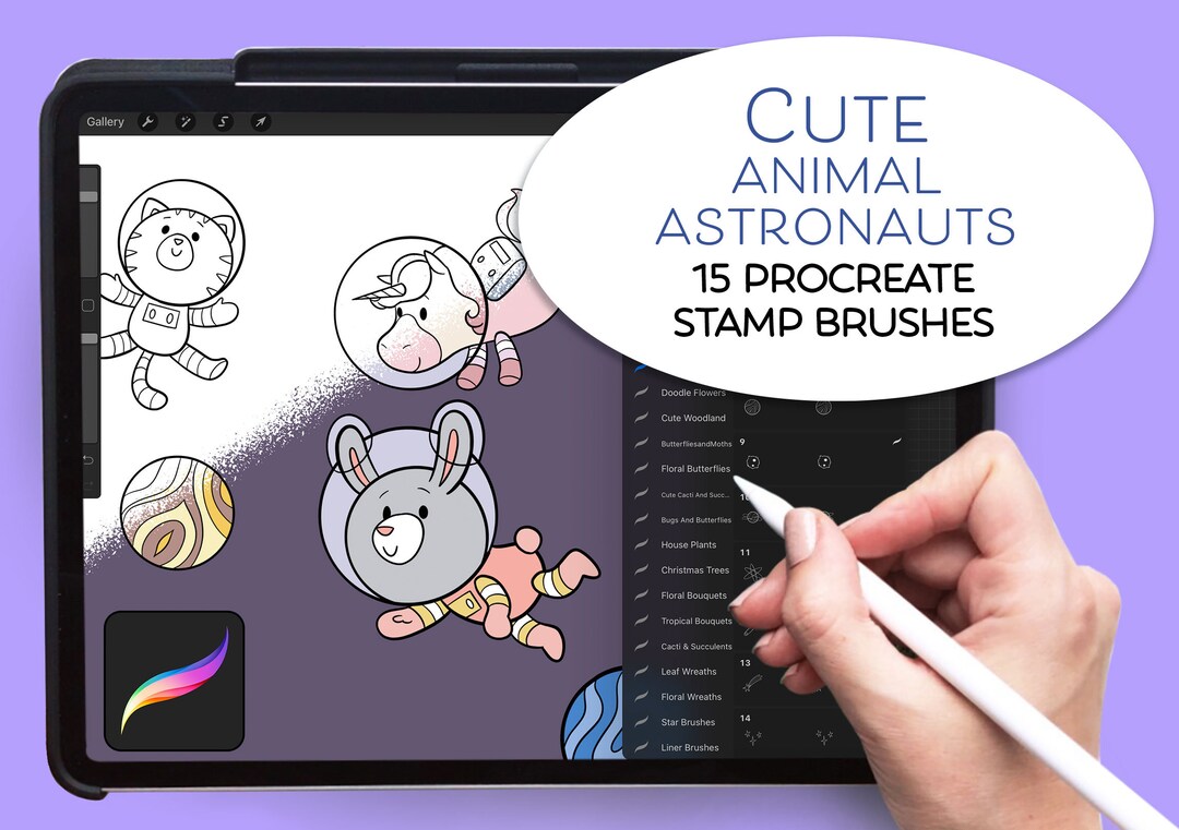 Procreate Digital Stamp Set CUTE ANIMAL ASTRONAUTS Kawaii - Etsy