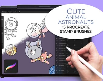 Procreate Digital stamp set CUTE ANIMAL ASTRONAUTS,  kawaii, digital stamps, decorative stamps, procreate, cute animals, fun stamps, space