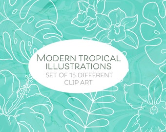 Digital stamp set modern tropical leaves and flowers, digital clip art set, hand drawn flowers, digital stamps, tropical illustration, stamp