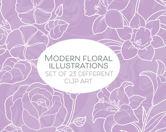 Digital stamp set modern florals, digital clip art set, modern hand drawn flowers, digital stamps, decorative stamp branding, illustration