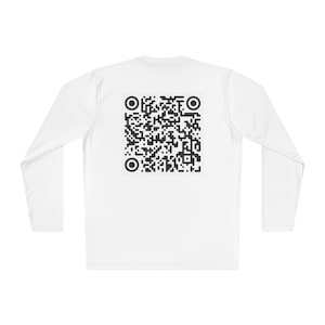 May include: White long-sleeved shirt with a black and white QR code on the back.