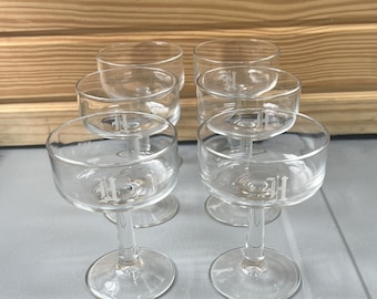 Set of 6 Vintage Mid Century Champagne Coupe Glasses - Monogram Initial Old English "H"