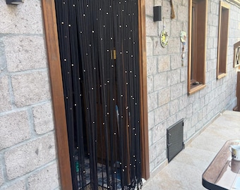 Black Macrame Curtain: Wood Beaded Room Divider, Boho Decor