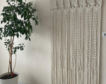 Wood Beaded Macrame Curtain: Boho Room Divider