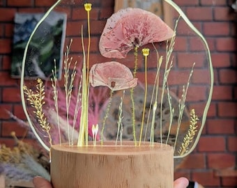 Veilleuse en résine coquelicot, lampe florale en fleurs séchées, décoration artisanale en bois de frêne