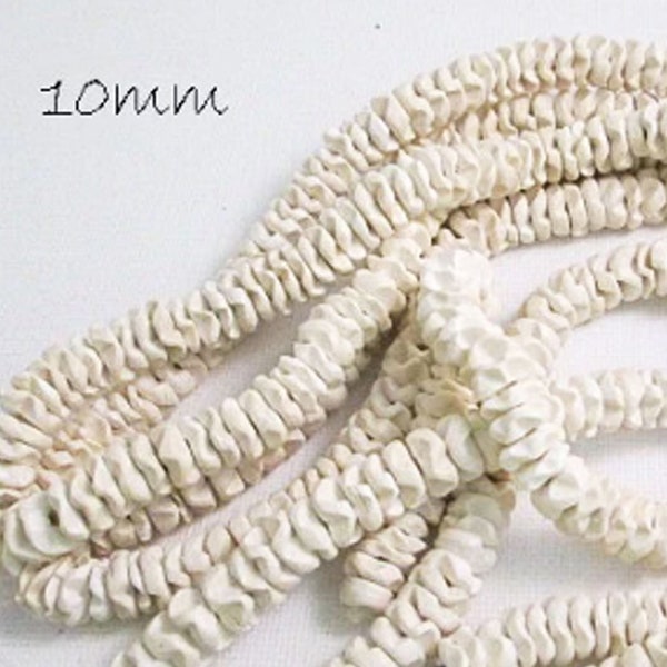 10mm White Ruffle Beads, Bleached Coconut Wood, Hand Carved Flower, 15 Inch Strand - wb200W