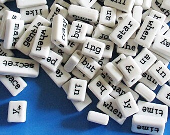 White Acrylic Word Beads, Black Lower Case Letters, 12-24mm, 170 count - ab315