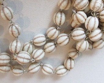 White Beaded Chain, Turquoise Howlite 9-10mm Melon Shape Beads, Silver Open Links, Sold by Foot - ch175