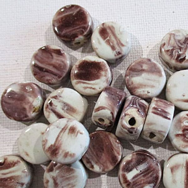 Brown White Marbled Ceramic Beads, Chunky Coin Shape, 16mm x 9mm, 25 count - cr110