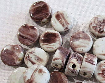 Brown White Marbled Ceramic Beads, Chunky Coin Shape, 16mm x 9mm, 25 count - cr110