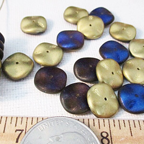 Pressed Glass Wavy Spacer Beads, Matte Two Tone Gold & Electric Blue, 12mm x 3mm, 10 count - gc495b
