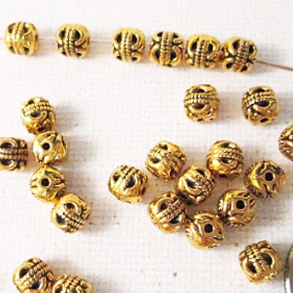 6mm Cube Beads, Antique Gold Textured Metal Spacers, 34 count - bm250A