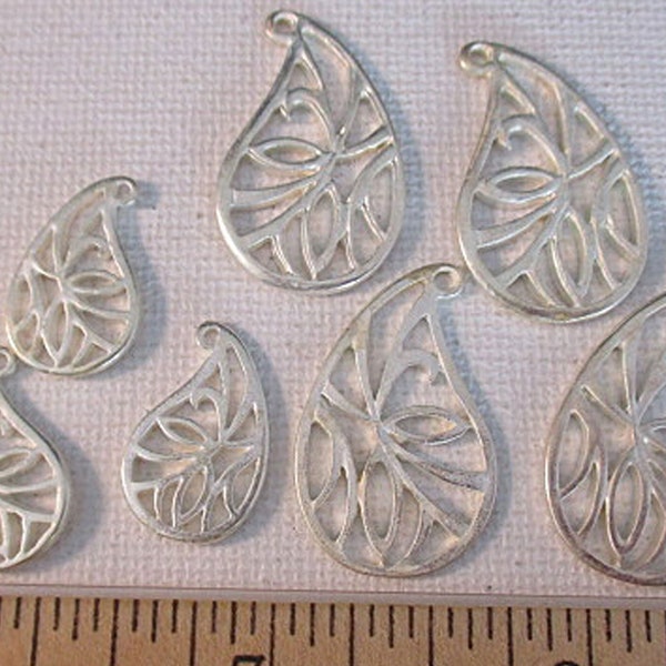 Matte Teardrop Paisley Cutout Drops, Silver Metal, Large 29x18mm, Small 19x12mm, 8 count - bm555