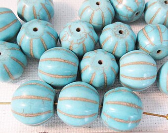 Blue Melon Round Beads, 15x13mm Turquoise Howlite Beads, 25 count - tq766