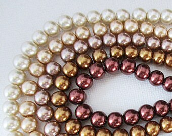 Bulk Glass Pearl Beads, Brown Shades, 8mm Round Beads, 5 Strands - pb71