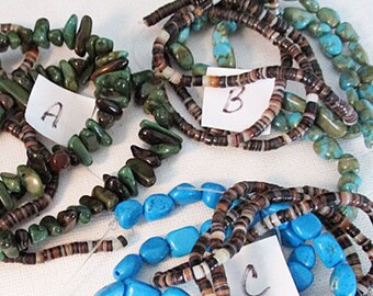 Pebbles & Heishi Bead Bundle, Mixed Shell Turquoise Combined, 2 Strands - bb31