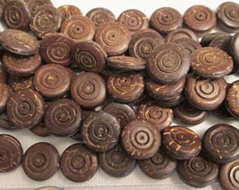 Clearance Brown Coconut Wood Beads, Carved Flat Round Coin, 12mm x 5mm, 27 count - wb725