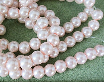 Glass Pearl Beads, Pale Pink, 8mm Round Beads, 88 count - pb76