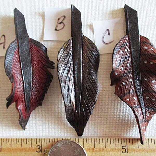 Leather Feather Pendant Charm, Hat Bar Adornment, Hand Carved & Painted, U Pick, 1 count - lc6c