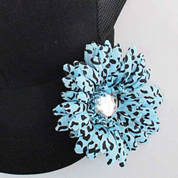 Hat Flower Clip, Blue Spotted Fabric Flower Rhinestone Center, 3.5 inch, Squeeze Clip