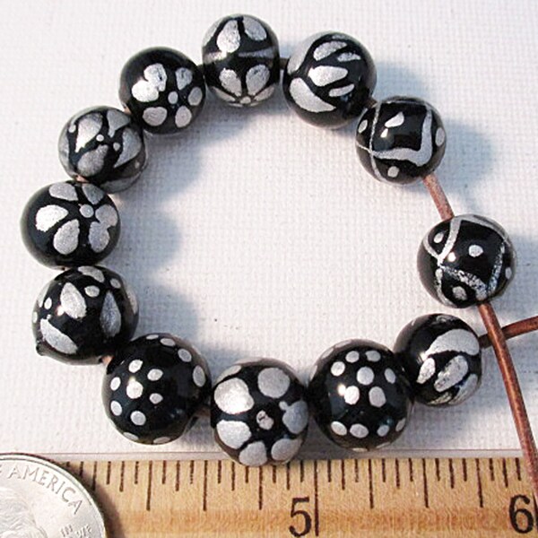 Black Glass Beads, 12mm Round Beads, Painted Silver Flower Designs, 24 count - gc489