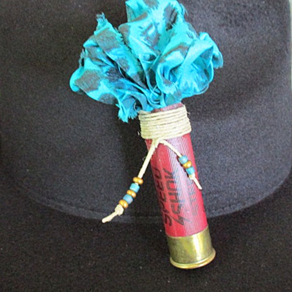 Poof Spent Shell Hat Boutonniere, Red 12 Gauge Casing, Blue Recycled Fabric, 4.5 Inches Long - p2
